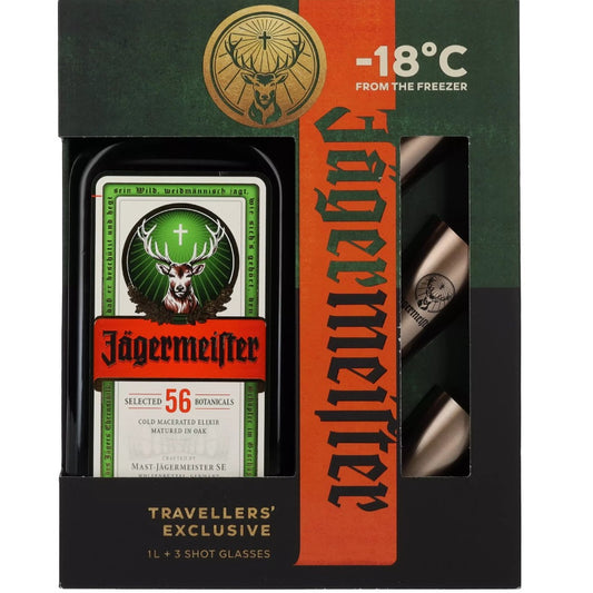 Jägermeister Travellers exclusive Gift + 3 Shotglazen 35%